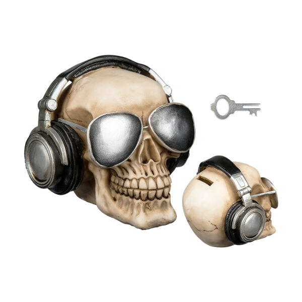 Κουμπαράς νεκροκεφαλή  με Ακουστικά,  Γυαλιά και Κλειδί, 16 x 13 cm Halloween Money Box GADGET