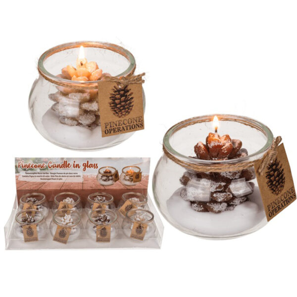 Χριστουγεννιάτικη Γυάλινη Βάση Με Κερί Κουκουνάρι 10x7cm 2 Χρώματα 8τεμ./display CHRISTMAS