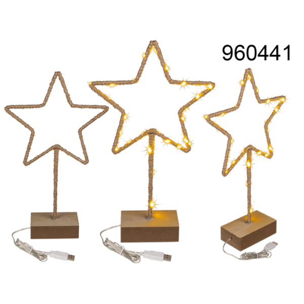 Metal-star with Jute decoration & LED, on wooden base CHRISTMAS