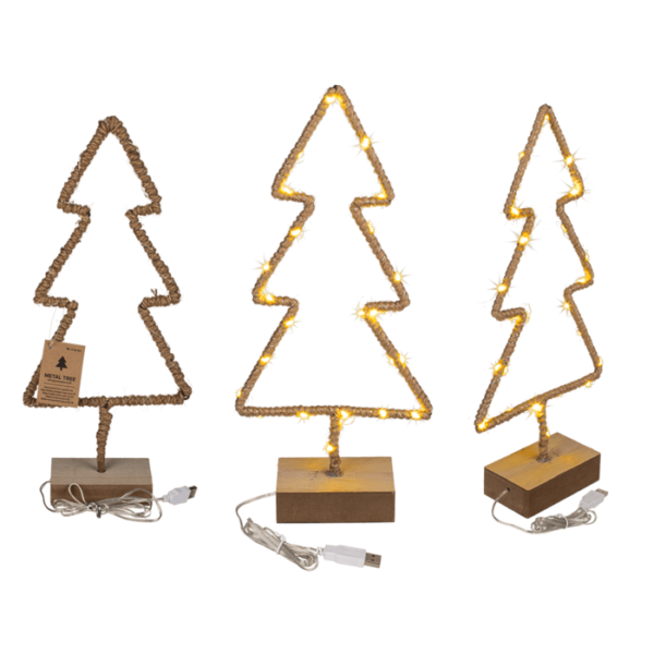 Χριστουγεννιάτικο μεταλλικό Δεντράκι με σχοινί και LED σε ξύλινη βάση CHRISTMAS