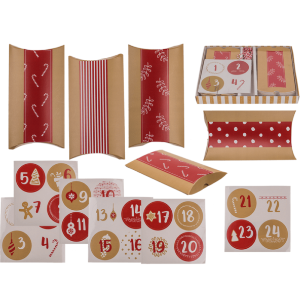 Red/nature coloured advent calender, pillowboxes, ca. 12,5 x 7 x 1,5 cm CHRISTMAS