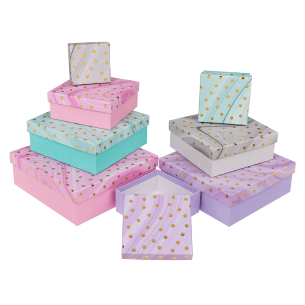 Πολύχρωμα κουτιά δώρου, με Χρυσές κουκκίδες  22,5 x 22,5 x 8 εκ, σετ των 8 -  Packaging