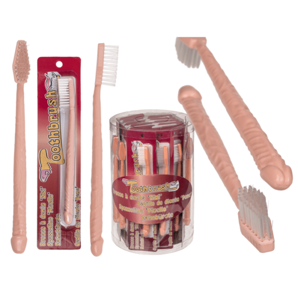 Οδοντόβουρτσα σε σχήμα πέος 18cm, σε συσκευασία για κρέμασμα. 36 τεμάχια ανά πλαστικό δοχείο.