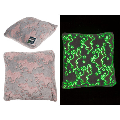 Λούτρινο μαξιλάρι, Μονόκερος, με λάμψη στο σκοτάδι, 40 x 40 cm, 100% πολυεστέρας, 280g,  6/display