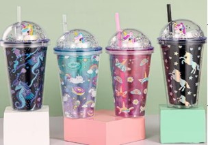 Ποτήρι Διπλού τοιχώματος με Σχέδιο Μονόκερος, με φως, με Καπάκι Φούσκα και καλαμάκι