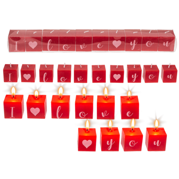 Square candles with letters, I kove you (Valentine's Day)
