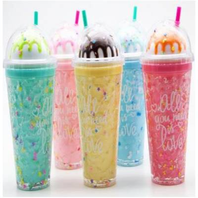 Ποτήρι διπλού τοιχώματος με καπάκι θόλο Παγωτό και καλαμάκι, 450ml