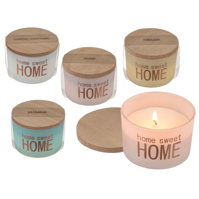 Αρώματικο κερί σε γυάλινο δοχείο με ξύλινο καπάκι “Home sweet Home” 7, 5 x 5 cm