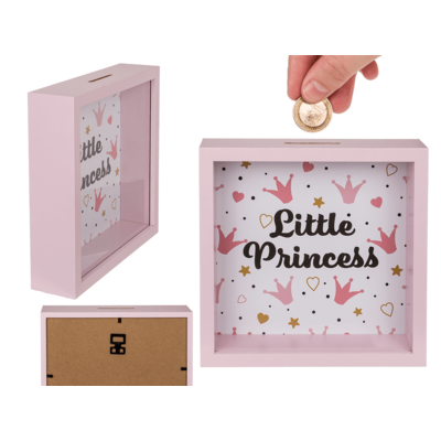 Κουμπαράς Little Princess ξύλινης κατασκευής σε χρώμα ροζ με μπροστινό τζάμι, 20 x 20 εκ. Money Box